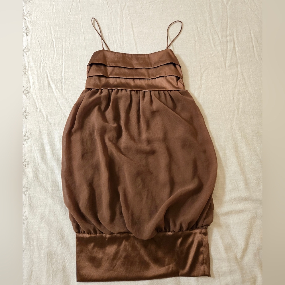 🌟Zara Brown Satin effect and Sheer Lined Bodice Dress  Size XS